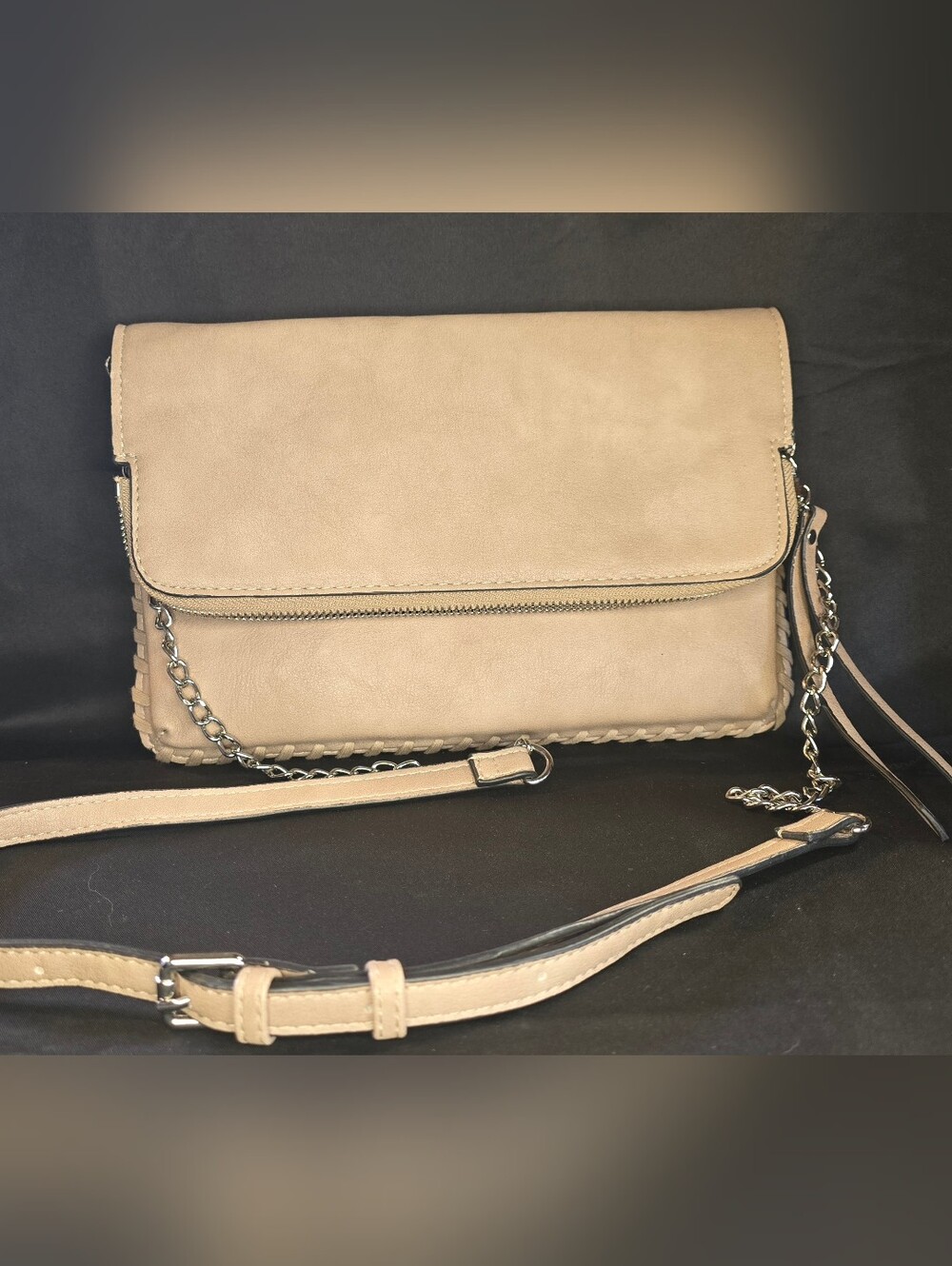 Urban Expressions Beige Whipstitch Foldover Convertible Crossbody Clutch